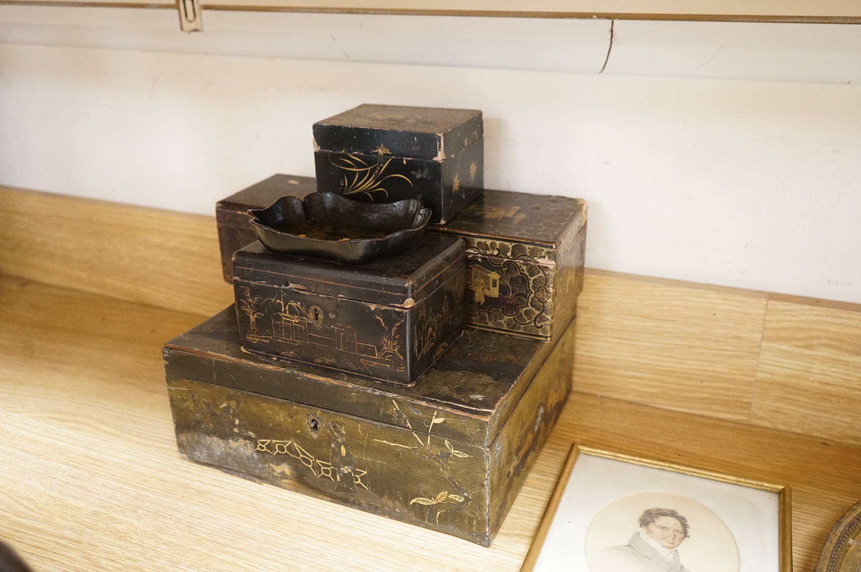 A group of 19th/20th century Chinese lacquer boxes, the largest 34cm wide